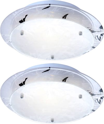 Glazen plafondlamp rond E27 keukenlamp moderne woonkamerlamp chroom, bloemdecor wit, DxH 25x9,5 cm, set van 2