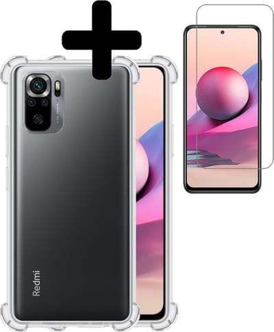 Hoesje - Met Screenprotector - Geschikt voor Xiaomi Redmi Note 10S - Sterk & Shockproof - Siliconen Case - Back Cover - Telefoon Hoes - Shock Proof - Telefoonhoesjes - Transparant