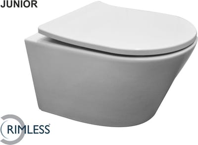 Wiesbaden Vesta junior wandcloset rimless verkort met Shade slim toiletzitting softclose en quick release glans wit