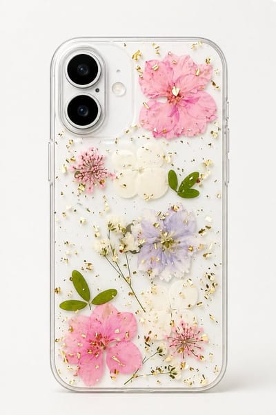 Telefoonhoesje, Iphone hoesje met echte gedroogde bloemen (kleurstelling roze, wit, groen) geschikt voor Iphone 16 [standaardmodel] [gedroogde bloemetjes] [Iphonehoesje] [telefoonhoesje] [gebloemd]
