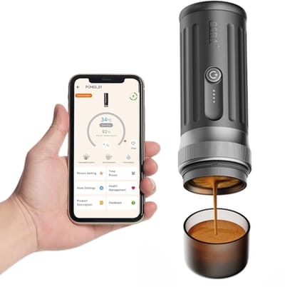 Ceramax draagbare pistonmachine - bodemloze 58 mm-portafilter - 18-20 g gemalen koffie - zelfverwarmend - Bluetooth-app - 13.500 mAh - baristaset met reiskoffer - Cera+