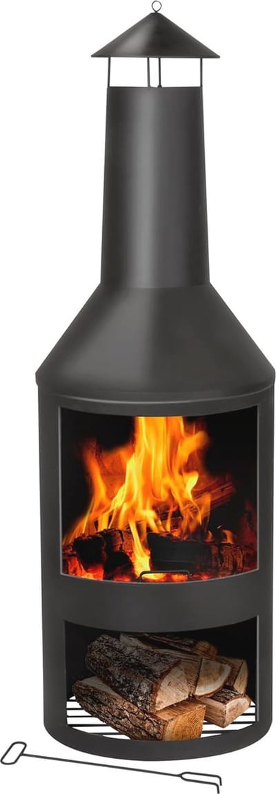 Buitenhaard met Schoorsteen - Stevige Tuinhaard voor Terras - Inclusief Asopvangbak en Houtopslag - Carbon Staal - 134 x 44,5 x 44,5 cm