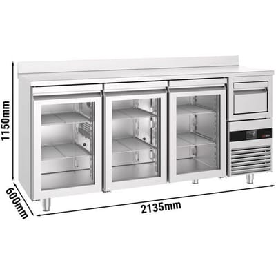GGM Gastro Bar- & Getränkekühltisch PREMIUM - 2130x600mm - mit 3 Glastüren, Aufkantung & Ausklopfer für Kaffee Zilver