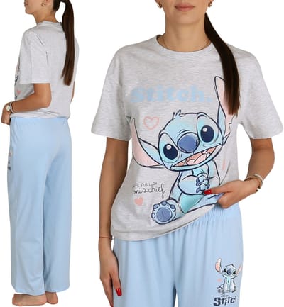 DISNEY Stitch Katoenen pyjama voor dames, tweedelige pyjama met korte mouwen en een lange broek, L