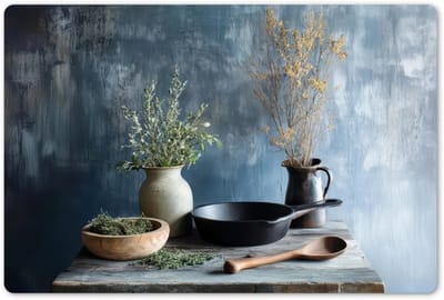 Placemats 45x30 cm - Placemat kunststof - 1 stuk - Pan - Kruiden - Schilderachtig - Borden onderleggers - Decoratie voor op tafel - Keuken tafeldecoratie accessoires - Vinyl onderlegger - Tafelversiering