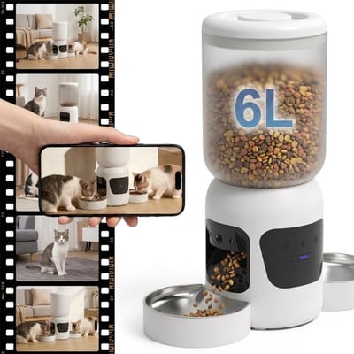 Fokelyi – Automatische voerbak voor katten – Met camera – 6 liter – 2 roestvrijstalen voerbakjes – Nachtzicht – Voerbak met slimme app – Voor droogvoer – Wit