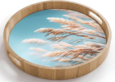 Dienblad rond 40x40 cm - Schootdienblad hout - Siergras - Wind - Lichtbruin - Borrelplank rechthoek - Plateau houten dienbladen