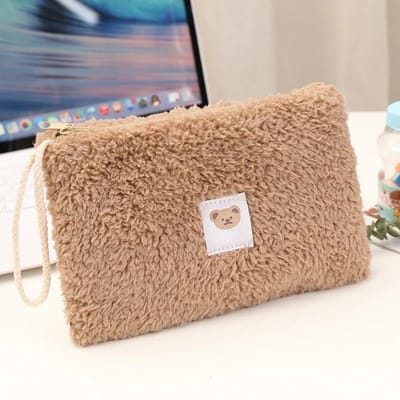 Trousse de maquillage portable en peluche de grande capacité, motif ours mignon de célébrité Internet, sac de rangement pour cosmétiques de voyage kaki