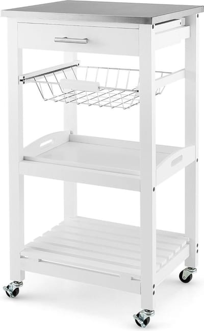Keukeneiland - Verplaatsbaar - Keukenkast - Dressoir - Organizer - Kasten - RVS Werkblad - Lade - Wit