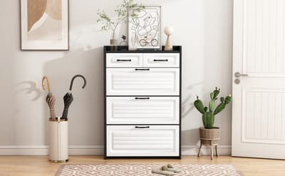 Draaibare Schoenenkast met 3 Rekken, Schoenenmeubel met 2 Laden, Opbergmeubel voor 30+ Schoenen, Wit Modern Design, B80x D23.5x H131 cm