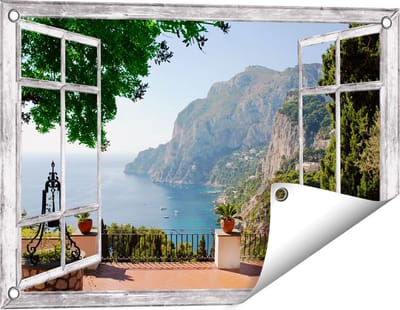 Gards Tuinposter Doorkijk Uitzicht op Zee - 60x40 cm - Tuindoek - Tuindecoratie - Wanddecoratie buiten - Tuinschilderij