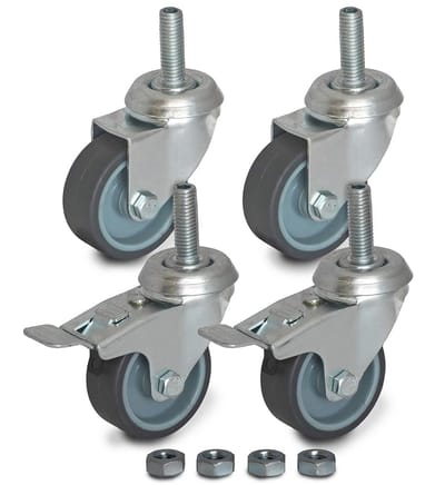 Set van 4 zwenkwielen 50 mm met M10 schroefboutbevestiging en reserve moeren