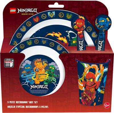 LEGO Ninjago Kinderservies - 5-delig - Herbruikbaar - Inclusief bord, kom, bestek en beker - Vaatwasser- en microgolfbestendig & BPA-vrij - Wit/Donkerblauw