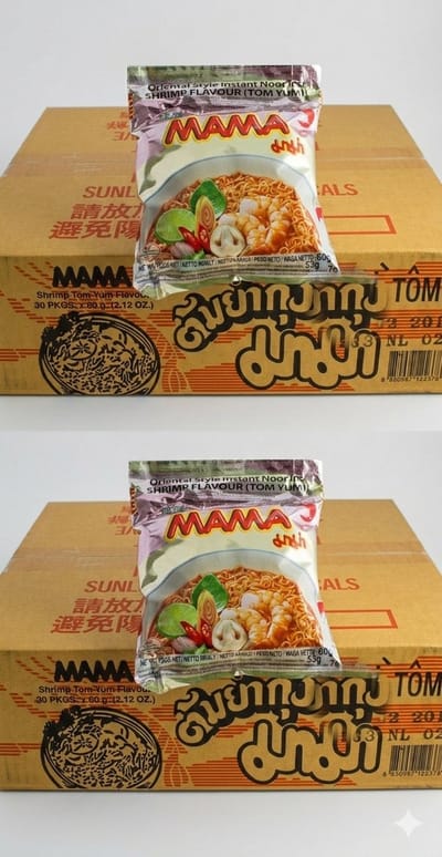2 kartonnen Mama Shrimp Instant Noodles - 60 x 60 g (totaal 3,6 kg) - Garnalensmaak - Thaise instant noedelsoep - Bulkverpakking (vergelijkbaar met Yum Yum) met Kajal-sticker