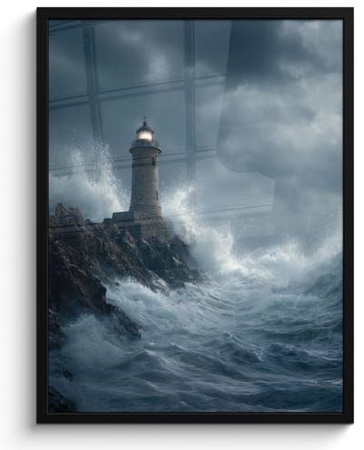 Poster in lijst - Fotolijst 60x80 cm - Posters - Rotsen - Vuurtoren - Golven - Klliffen - Posterlijst zwart - Decoratie - Wanddecoratie woonkamer - Muurdecoratie slaapkamer