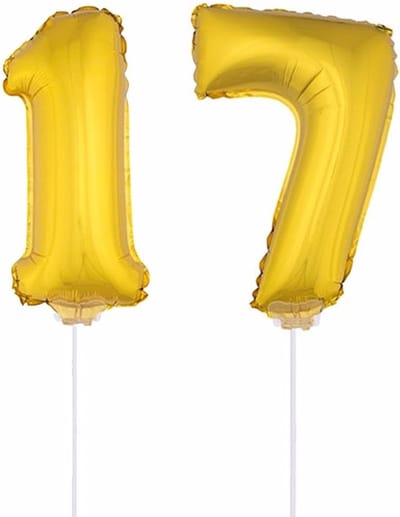 17 jaar leeftijd feestartikelen - versiering cijfers - ballonnen op stokje - van 41 cm - Combi van cijfer 17 - in het goud