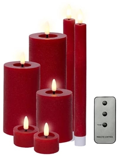 Lumineoled kaarsen set - wax - 7-dlg - rood - dinerkaarsen/stompkaarsen/theelichten - afstandsbediening