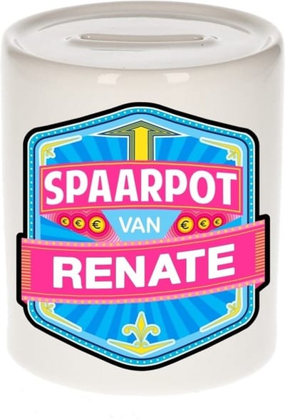 Bellatio Decorations Kinder spaarpot met naam - Renate - keramiek - met dop - wit - Sparen - Spaargeld van Renate