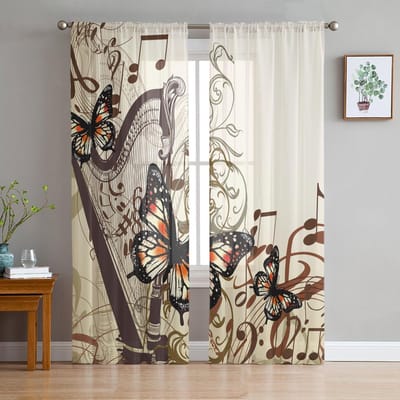 Retro Muziekposter Met Vinyl Grammofoon Chiffon Transparante Gordijnen voor Woonkamer Slaapkamer Raamgordijn Voiles Tule Cortinas 135W x 114H(cm)