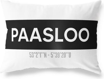 Tuinkussen PAASLOO - OVERIJSSEL met coördinaten - Buitenkussen - Bootkussen - Weerbestendig - Jouw Plaats - Studio216 - Modern - Zwart-Wit - 50x30cm