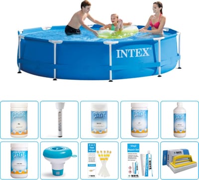 Intex Rond Frame Zwembad - 305 x 76 cm - Blauw - Inclusief Chloor - Chloordrijver - Testrips - Reparatiesetje - Scrubborstel - PH-min - PH-plus - Thermometer - Anti Alg - 11-delig
