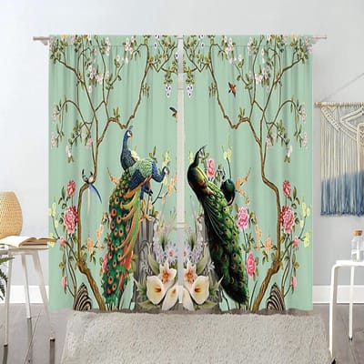 Blauwe Pauw Inclusief Bloemen Pauwen Gordijnen voor Woonruimte Luxe Slaapkamer Divider Links en Rechts 2paneels W65X60H(cm)X2Pcs&Hook