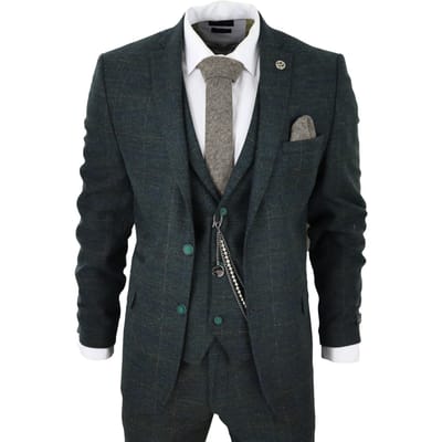 Heren 3-delige Wolkostuum Olijfgroen Tweed Ruit Peaky Blinders 1920 Gatsby Formeel