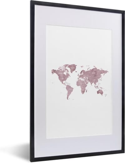 Poster in lijst - Fotolijst 40x60 cm - Posters - Wereldkaart - Roze - Marmer - Posterlijst zwart - Decoratie - Wanddecoratie woonkamer - Muurdecoratie slaapkamer