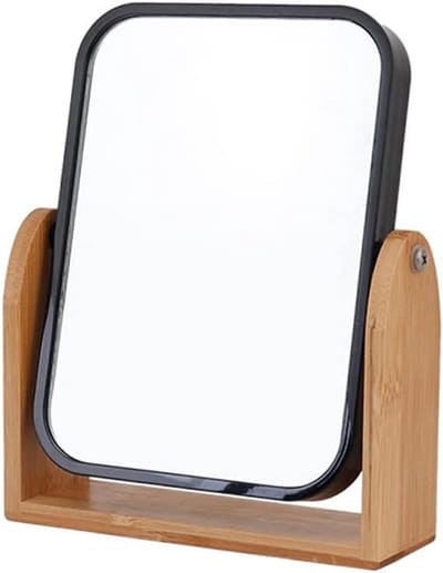 Dubbelzijdige vergrotende make-up spiegel 360 graden draaibaar met houten standaard (zwart)
