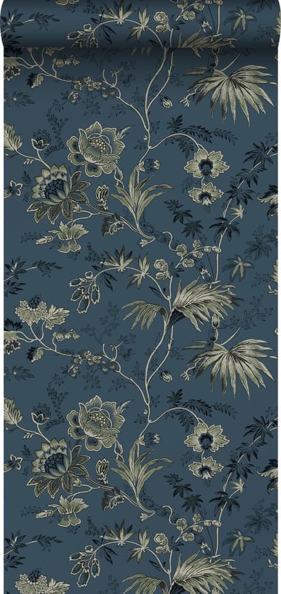 ESTAhome behang vintage bloemen donkerblauw en olijfgroen - 53 cm x 10.05 m - 139315