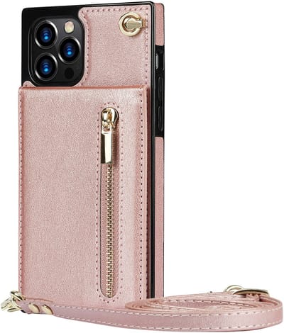 Hoesje geschikt voor iPhone 16e - Backcover - Pasjeshouder - Portemonnee - Koord - Kunstleer - Rose Goud