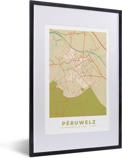 Fotolijst incl. Poster - Stadskaart - Retro - Péruwelz - Kaart - Plattegrond - 40x60 cm - Posterlijst