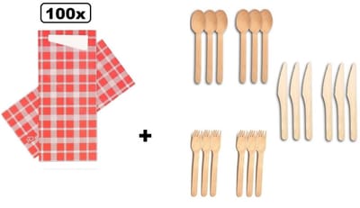 100x Bestekpochet 8x18,5cm Boerenbont + servet + houten bestekset - bestek pochet servetten tissue diner eten festival snack carnaval festival evenement kerst thema feest