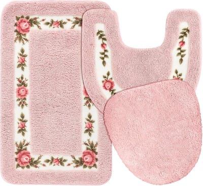 Roze Badkamertapijt Set met Bloemen – Antislip en Absorberend, 3-Delige Badmat & Toiletdeksel Hoes