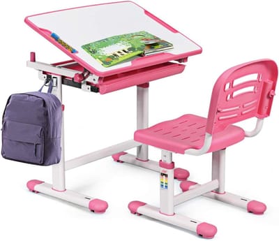 Instelbare kinderbureau set met stoel, hellend bureaublad en opbergmogelijkheden, meegroeiend meubel voor kinderen