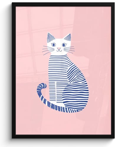 Poster in lijst - Fotolijst 50x70 cm - Posters - Kat - Illustratie - Minimalistisch - Roze - Posterlijst zwart - Decoratie - Wanddecoratie woonkamer - Muurdecoratie slaapkamer
