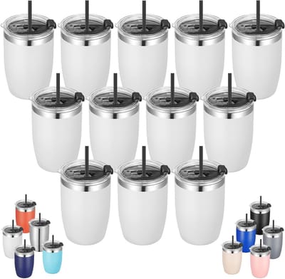 Set van 12 RVS Bekers met Deksel en Rietje Dubbelwandig 350 ml