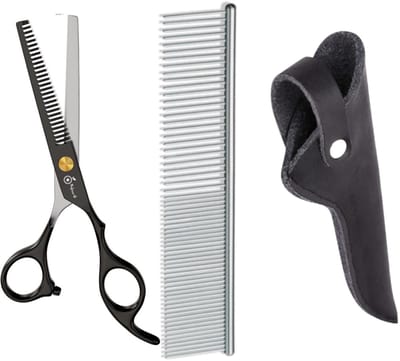 Professor Q – Professionele Effileerschaar – Uitdunschaar Kapper Rechtshandig – Zwart met Luxe Lederen Etui – 16,5 cm – Zwart + Anti-Klit Kam – Pijnloos & Huisdiervriendelijk