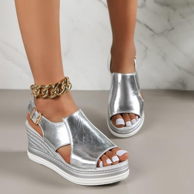 Uitgesneden glitterkleur Gouden Zilver Dames Casual wiggen Sandalen Een lijngesp Peep Toe Dames Zomerstrandsandalen 38