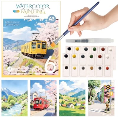 Ainy Aquarel verf set nummer 9 Rondreizen A3 voor kinderen en volwassenen | Waterverf Pakket met Aquarelpapier & penseel | Knutselen voor meisjes & jongens | Schilderen op kleurboek | Creatief hobby cadeau | Tekenen & kunst | Schilderset werkboek