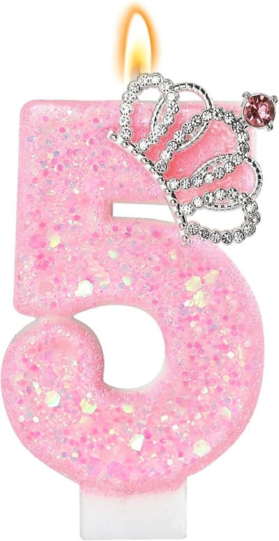Dailygoods- Verjaardagskaarsen Roze - Cijferkaars 5 met Kroon - Feestdecoratie - Cake/Cupcake Decoraties - Strass-Steentjes - Inclusief Kandelaar