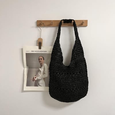 Bohemian Geweven Strandtas Papier Touw Stro Schoudertas Zomer Haakwerk Handtas Halve Maan Shopper Portemonnee Reizen Zachte Hobo Tassen 35x40cm gray