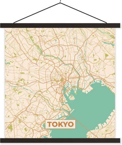 Posterhanger incl. Poster 60x60 cm - Schoolplaat - Kaart - Tokyo - Stadskaart - Vintage - Plattegrond - Textielposter - Zwarte latten - Stadskaart