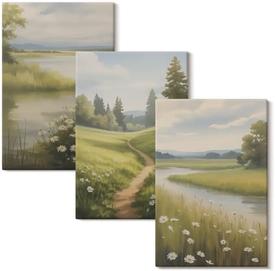 Wallfluent Set van canvas schilderijen - Lentelandschap met een rivierpad en een bloemenweide Canvas Schilderijen Set - set 3 stuks 20x30 cm - Groente Set van Canvas Prints - Landschappen Canvas Kunst Set - Boheemse Canvas Kunst Set