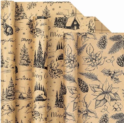Set van 3 Mini Rollen Kerst Inpakpapier - Vintage Bruin Kraftpapier met Winterse Motieven