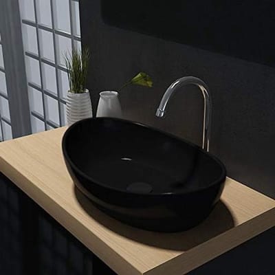 Opzet waskom - Stenen wasbak - Badkamer vernieuwen - Massief steen materiaal - 55 x 35 cm - Mat zwart