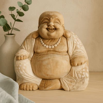 Boeddha Beeld Happy - Whitewash - Handgesneden - Suar Hout - 30x40x30cm