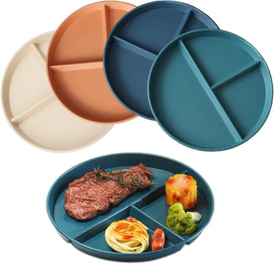 Gedeelde Borden Set - Onbreekbaar Dinerbord met 3 Vakken - 4 Stuks 23,5 cm - Voedselveilig PP en Magnetronbestendig - Voor Familie Maaltijden en Portiecontrole - Donkere Kleuren Mix