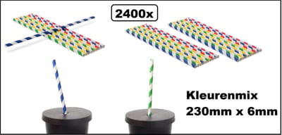 2400x Papieren rietjes kleuren mix 23cm x 6mm - 100% biologisch afbreekbaar - Festival milkshake rietje drinken