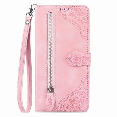 YPCd - Portemonnee Bookcase Hoesje Geschikt voor Samsung Galaxy S23 Ultra – PU Leren Wallet Flip Cover met Ritssluiting – Pasjesvakken & Polsbandje – Standfunctie – Bloemen – Roze